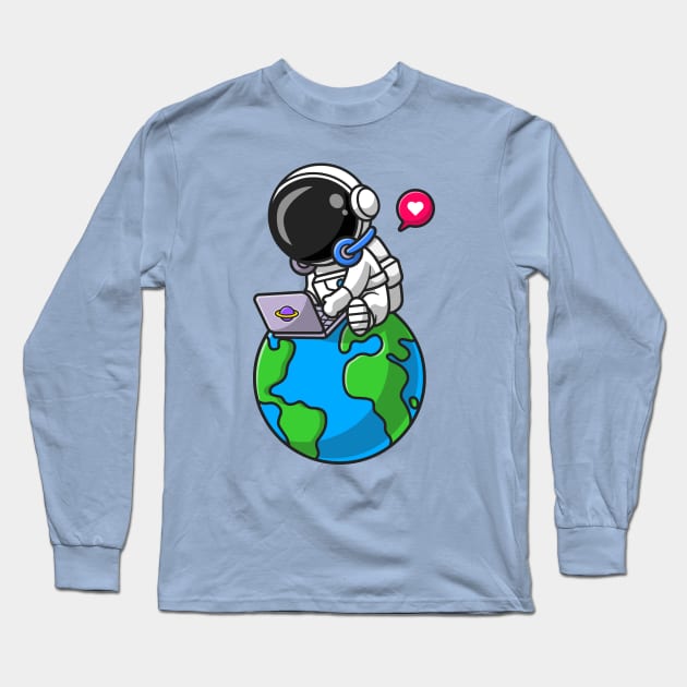 Cute Astronaut Working With Laptop On Earth Cartoon Long Sleeve T-Shirt by Catalyst Labs